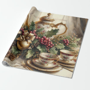 Papel De Regalo Elegante Tetera y Verdor de Navidad Vintage