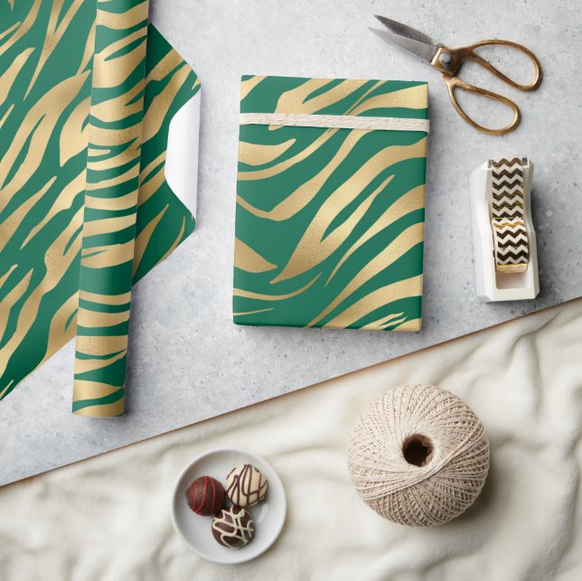 Papel De Regalo Elegante tigre salvaje verde y dorado Stripes Safa (Artesanía)
