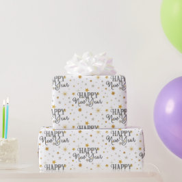 Papel De Regalo Elegante tipografía Gray Gold Starry Feliz Año Nue