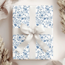 Papel De Regalo Elegante Toile Botánico Floral Azul Blanco Vintage