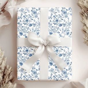 Papel De Regalo Elegante Toile Botánico Floral Azul Blanco Vintage