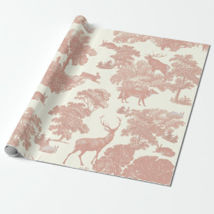Papel De Regalo Elegante Toile de Ciervo Rosa Suave Vintage Bosque