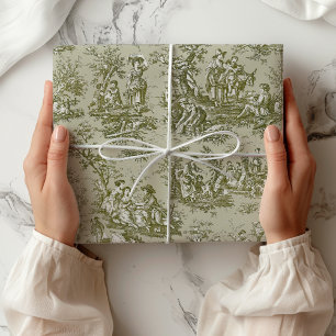 Papel De Regalo Elegante Toile de Jouy Escenas Verdes Grises Vinta