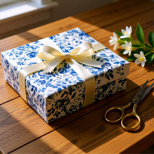 Papel De Regalo Elegante Toile Floral Azul Polvoriento para Bodas
