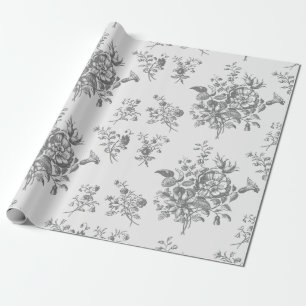 Papel De Regalo Elegante Toile Floral Gris Vintage