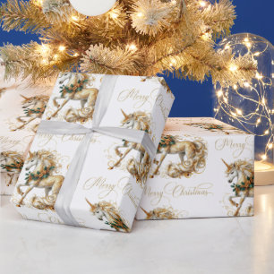 Papel De Regalo Elegante Unicornio de Navidad Blanco y Dorado