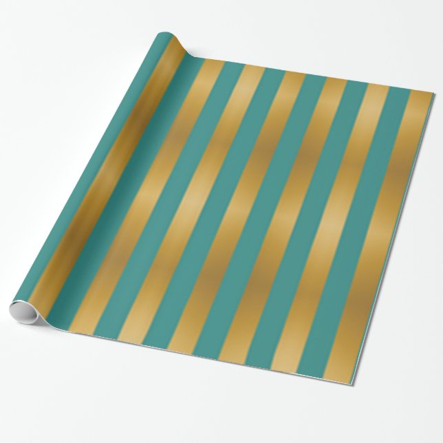Papel De Regalo Elegante vacaciones de rayas verdes doradas (Desenrollado)