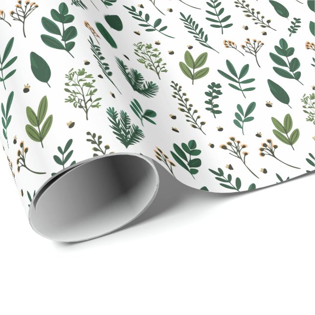 Papel De Regalo Elegante Verde Botánico y Bayas (Esquina del rollo)