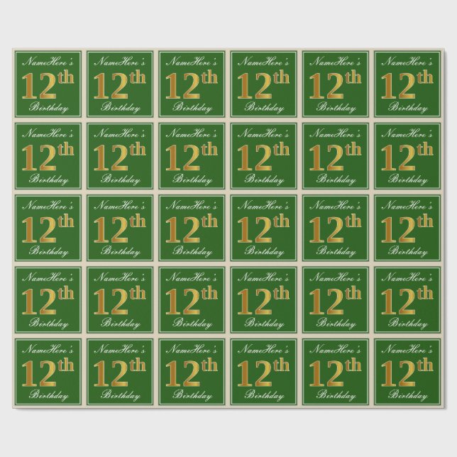 Papel De Regalo Elegante, verde, falso oro 12 cumpleaños + nombre (Superficie plana)