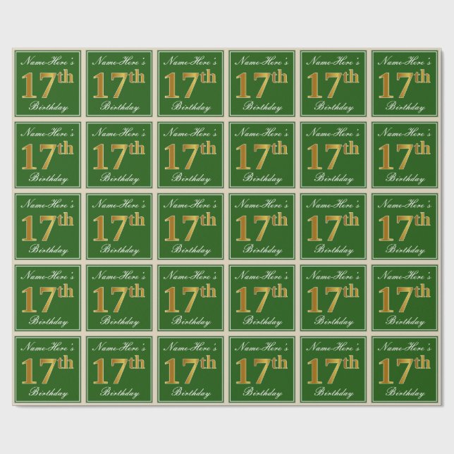 Papel De Regalo Elegante, verde, falso oro 17 cumpleaños + nombre (Superficie plana)