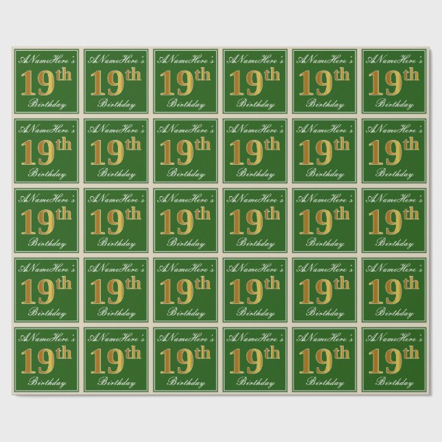 Papel De Regalo Elegante, verde, falso oro 19 cumpleaños + nombre (Superficie plana)