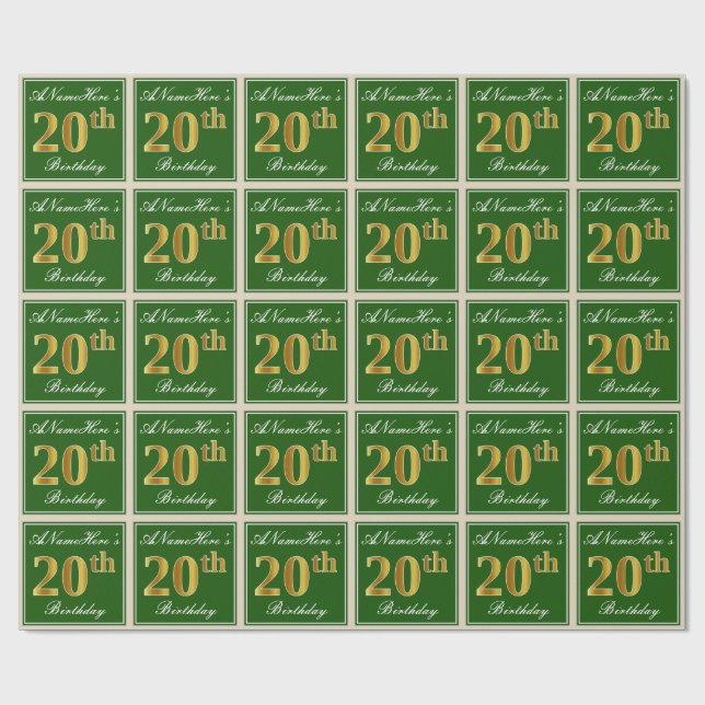 Papel De Regalo Elegante, verde, falso oro 20 cumpleaños + nombre (Superficie plana)
