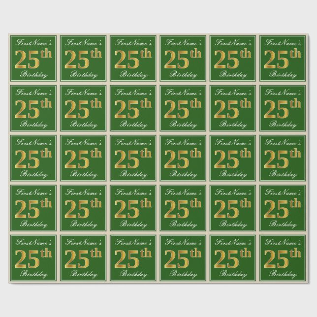 Papel De Regalo Elegante, verde, falso oro 25 cumpleaños + nombre (Superficie plana)