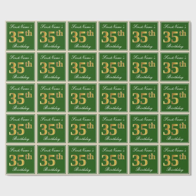 Papel De Regalo Elegante, verde, falso oro 35 cumpleaños + nombre (Superficie plana)
