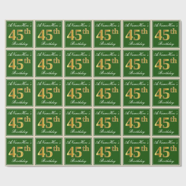 Papel De Regalo Elegante, verde, falso oro 45 cumpleaños + nombre (Superficie plana)