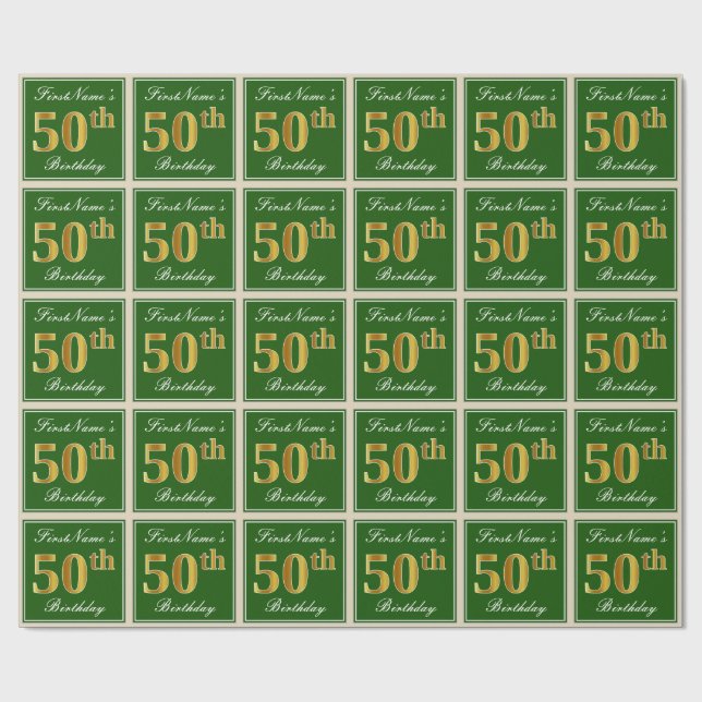 Papel De Regalo Elegante, verde, falso oro 50 cumpleaños + nombre (Superficie plana)