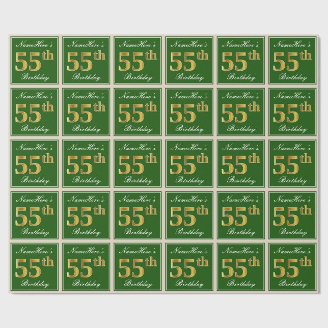 Papel De Regalo Elegante, verde, falso oro 55 cumpleaños + nombre (Superficie plana)