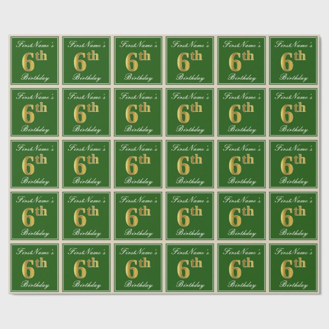 Papel De Regalo Elegante, verde, falso oro 6º cumpleaños + nombre (Superficie plana)
