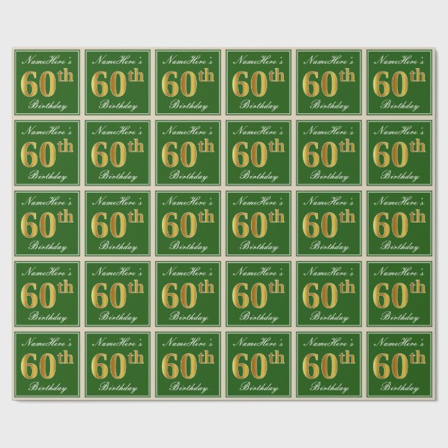 Papel De Regalo Elegante, verde, falso oro 60 cumpleaños + nombre (Superficie plana)
