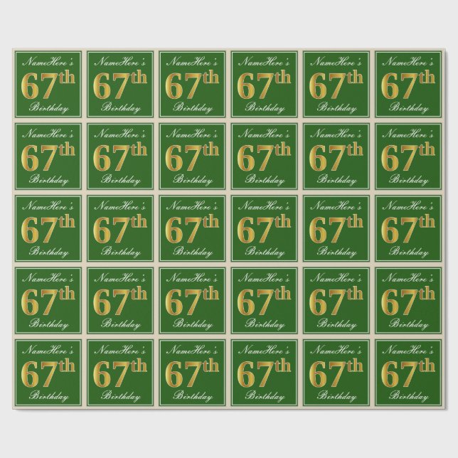 Papel De Regalo Elegante, verde, falso oro 67 cumpleaños + nombre (Superficie plana)
