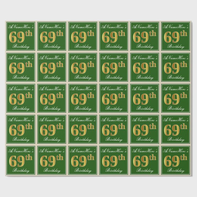 Papel De Regalo Elegante, verde, falso oro 69 cumpleaños + nombre (Superficie plana)