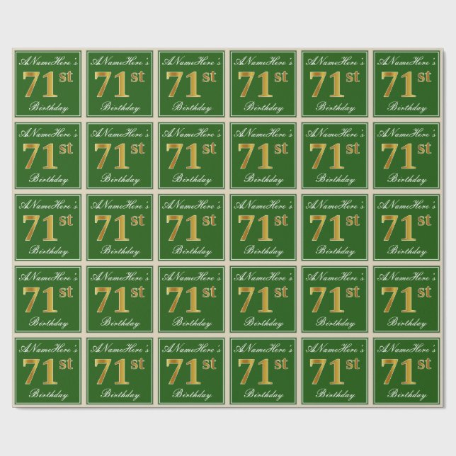 Papel De Regalo Elegante, verde, falso oro 71 cumpleaños + nombre (Superficie plana)