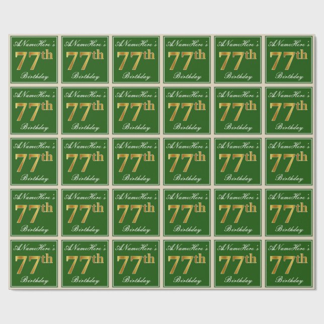 Papel De Regalo Elegante, verde, falso oro 77 cumpleaños + nombre (Superficie plana)