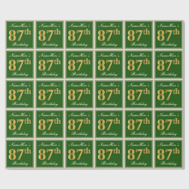 Papel De Regalo Elegante, verde, falso oro 87 cumpleaños + nombre (Superficie plana)