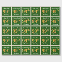 Papel De Regalo Elegante, verde, falso oro 99º cumpleaños + nombre