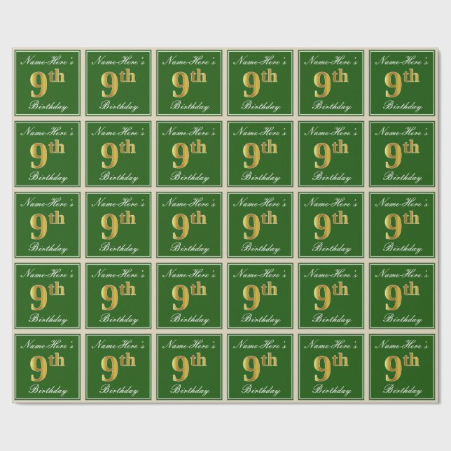 Papel De Regalo Elegante, verde, falso oro 9 cumpleaños + nombre (Superficie plana)