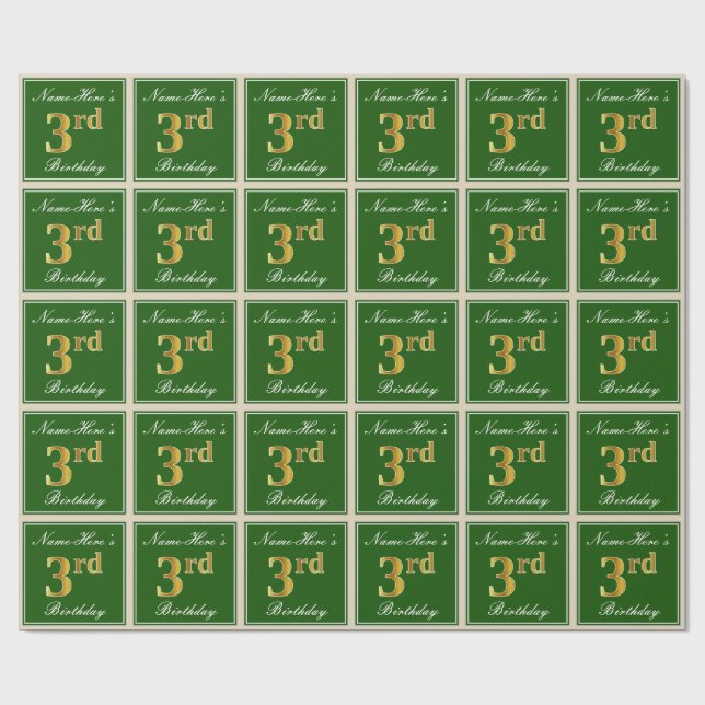 Papel De Regalo Elegante, verde, falso oro tercer cumpleaños + nom (Superficie plana)