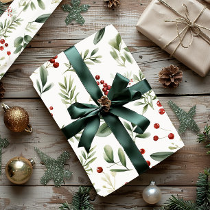 Papel De Regalo Elegante Verdura de Navidad y Bayas Rojas de Fiest