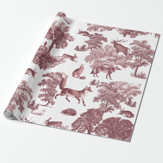 Papel De Regalo Elegante Viejo Woodland Burgundy Fox Rabbit Toile (Desenrollado)