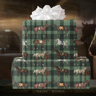 Papel De Regalo Elegante Vintage Caballos adoquinados Green Plaid