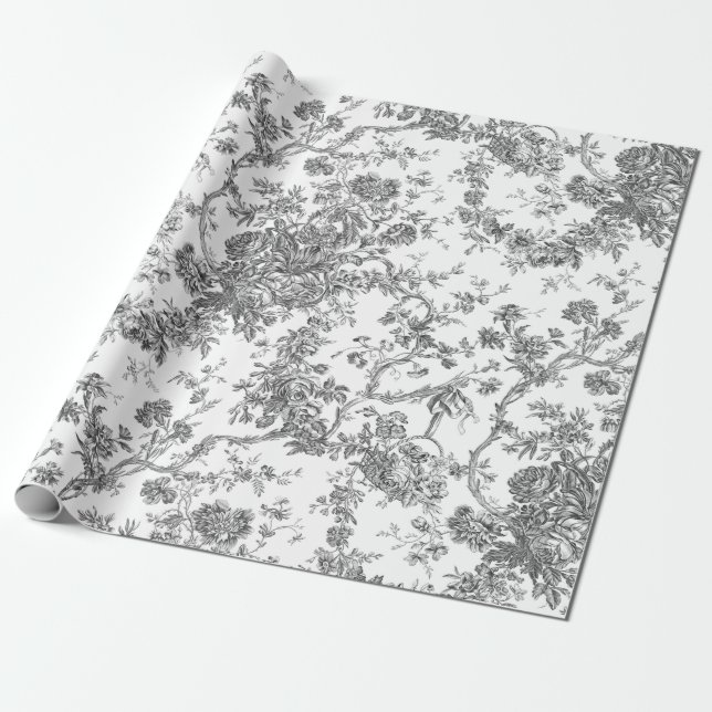 Papel De Regalo Elegante Vintage Francés Grabado Floral Toile-Gris (Desenrollado)