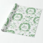 Papel De Regalo Elegante Vintage Merry Christmas Bows Green Toile<br><div class="desc">Navidades temática toile verde con guirnalda de berry,  campanas,  presente decorado con arcos de cinta,  con escritura caligráfica "Feliz Navidad" evocando un ambiente nostálgico y anticuado,  pero estético de moda y preppy.</div>