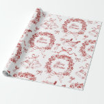 Papel De Regalo Elegante Vintage Merry Christmas Bows Red Toile<br><div class="desc">Navidades con motivos de tela roja con guirnalda de berry,  campanas,  presentes decorados con arcos de cinta,  con escritura caligráfica "Feliz Navidad" evocando un ambiente nostálgico y anticuado,  pero estético de moda y preppy.</div>