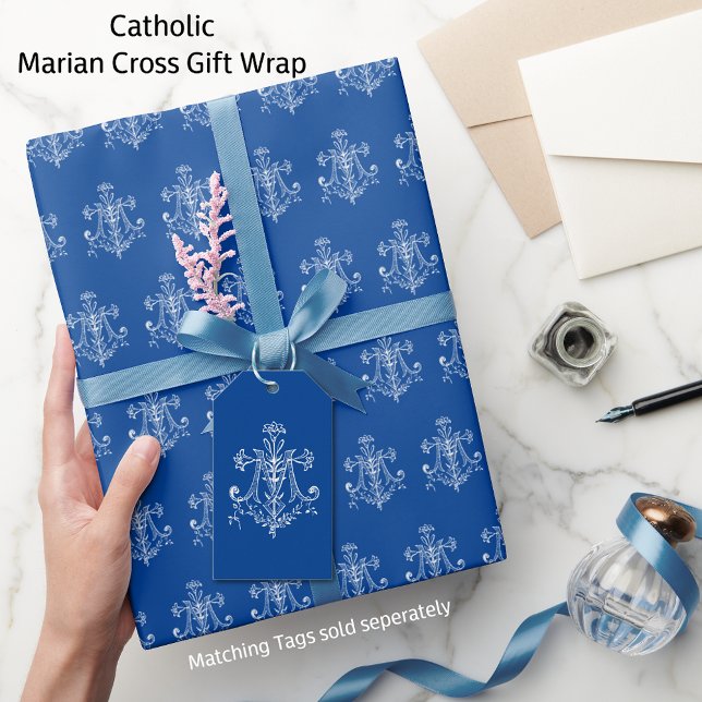 Papel De Regalo Elegante Virgen Católica María Cruz Blanca (Traditional Catholic Marian Cross Gift Wrap - Matching Tags sold seperately)