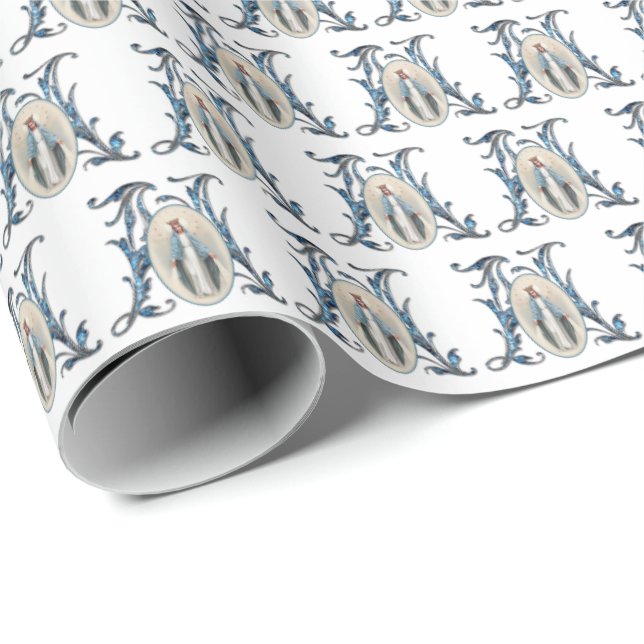 Papel De Regalo Elegante Virgen Católica María Jesús Azul Religios (Esquina del rollo)