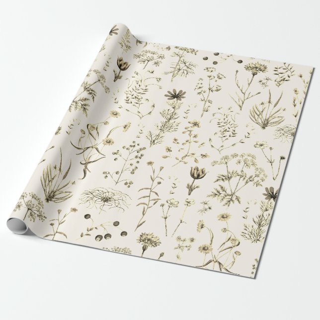Papel De Regalo Elegante Wildflowers Botánico Beige (Desenrollado)