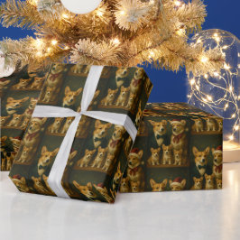 Papel De Regalo Elegante y Adorable Familia de Corgi Navidad