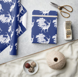 Papel De Regalo Elegante y festivo ciervo blanco vintage en azul