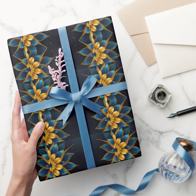 Papel De Regalo Elegante zafiro y Boda floral de oro (Regalar)