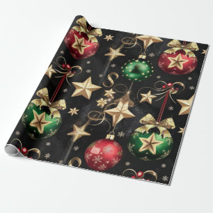 Papel De Regalo Elegantes adornos navideños y estrellas doradas