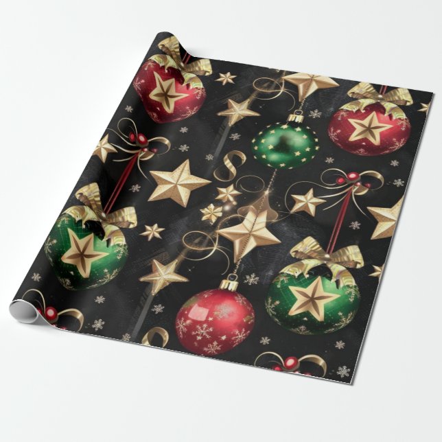 Papel De Regalo Elegantes adornos navideños y estrellas doradas (Desenrollado)