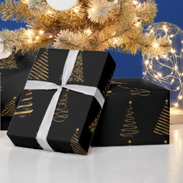 Papel De Regalo Elegantes árboles de oro y navidad negra