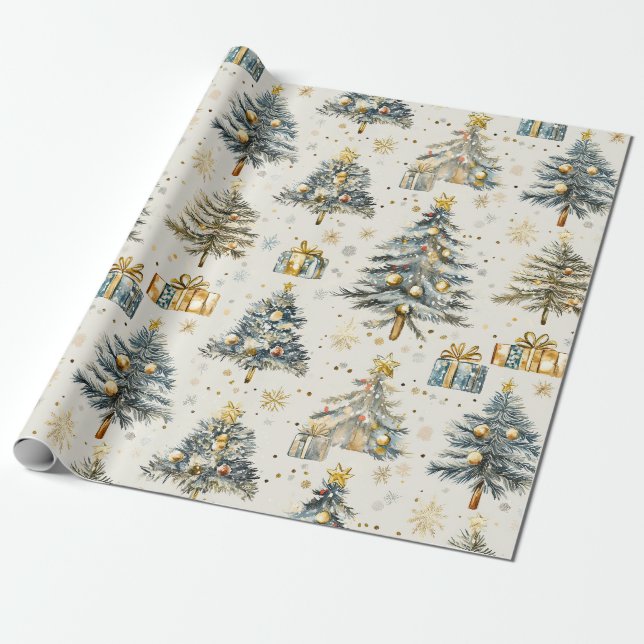 Papel De Regalo Elegantes Árboles navideños de acuarela (Desenrollado)