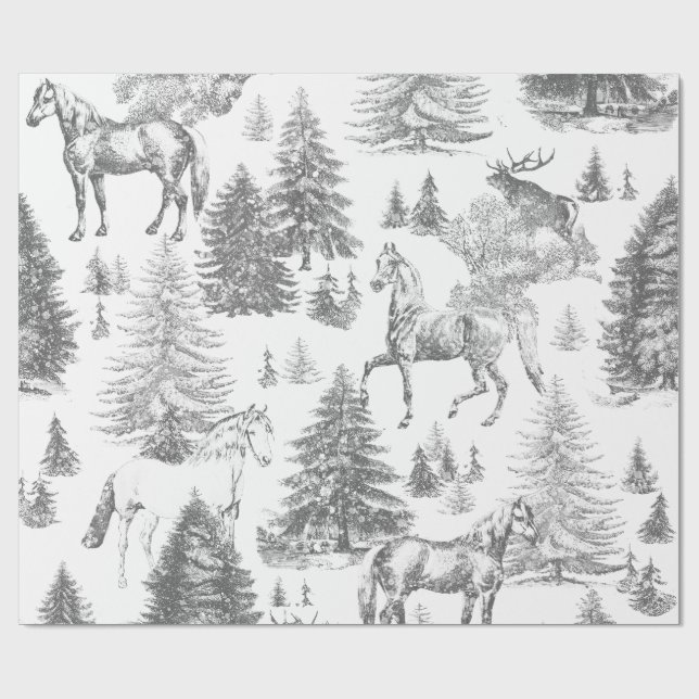 Papel De Regalo Elegantes caballos blancos de época en tela de bos (Superficie plana)
