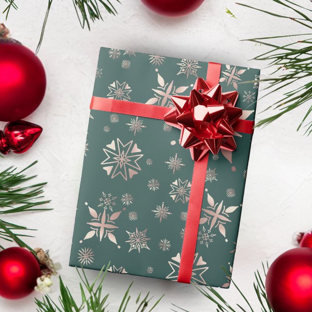 Papel De Regalo Elegantes copas de nieve doradas vacaciones verdes (Subido por el creador)