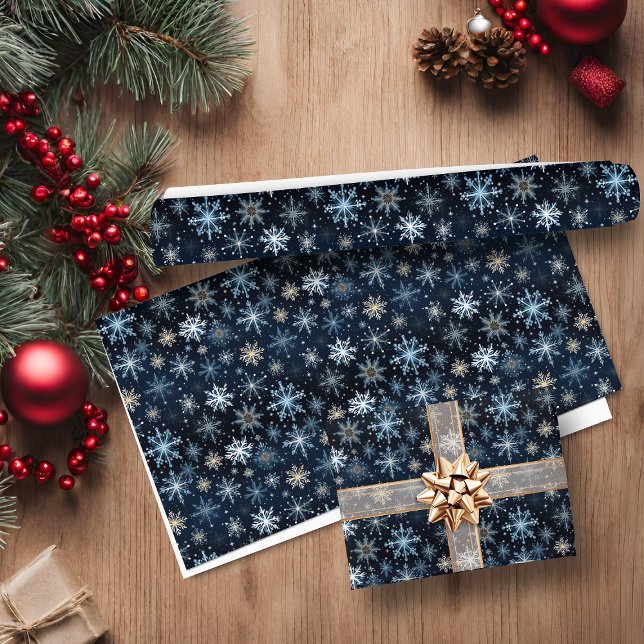 Papel De Regalo Elegantes copos de nieve de la época azul (Elegant Blue Vintage Snowflakes Wrapping Paper)